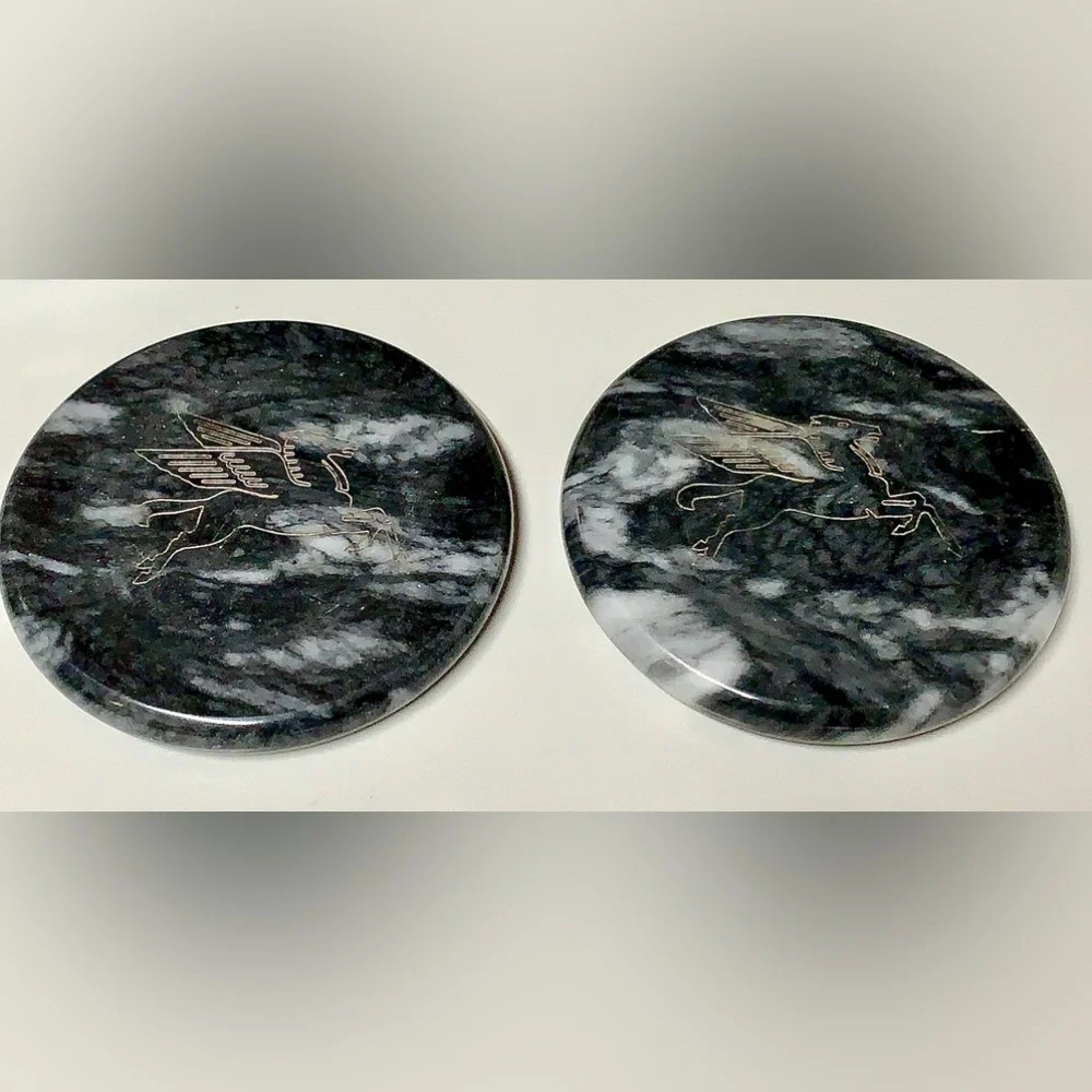 Vintage Executive Set of 2 Black Marble MOBIL Pegasus Logo Drink Coasters